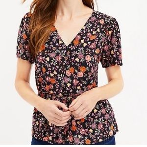 LOFT Black Floral Faux Wrap Blouse Size Medium NWT